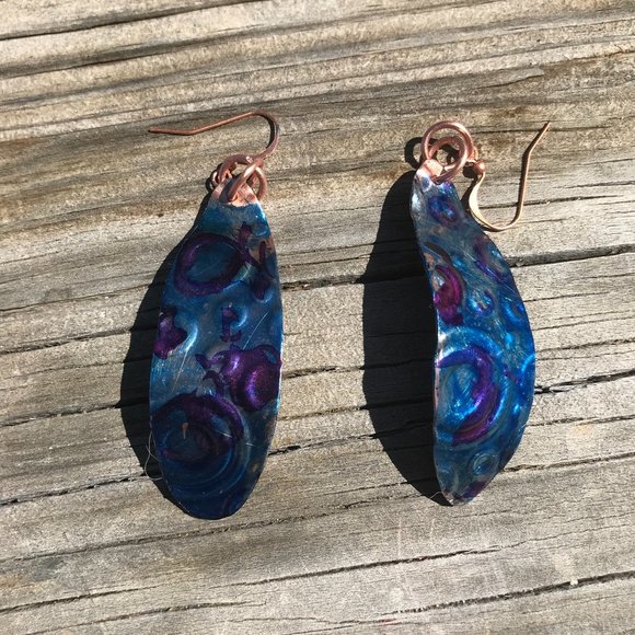 Handmade Solid Copper Earrings Blue Patina Embossed Abstract Circles Bohemian - Picture 6 of 7